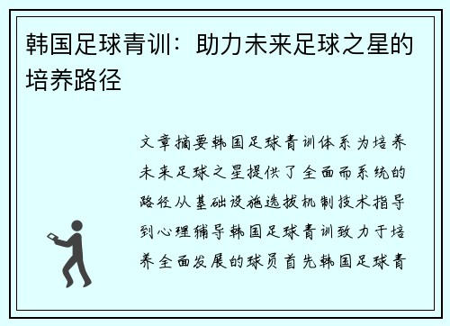 韩国足球青训：助力未来足球之星的培养路径
